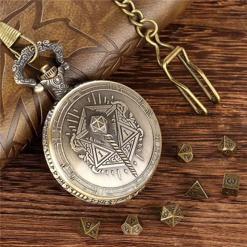 Retro Magic Wand Design Pocket Watch Case Pendant Chain 7Pcs Tiny Polyhedral Metal Dice Set Table Role Play Gaming Dices