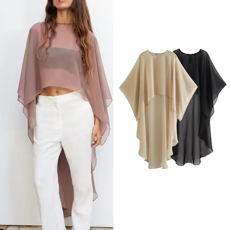 

2023 Poncho Coat Women Fashion Asymmetric Tulle Cape Coats Top Woman Summer Jackets Casual Loose Transparent Coat