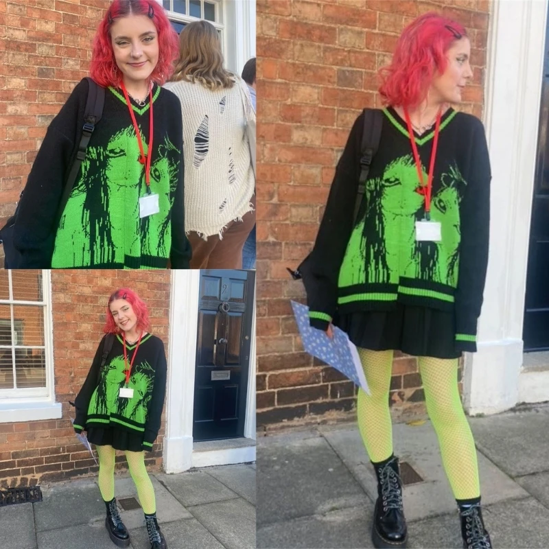 

Y2K Face Pattern Knitted Sweater Casual Loose Round Neck Pullover Knitwear Long Sleeved Vintage Harajuku Jacquard Tops