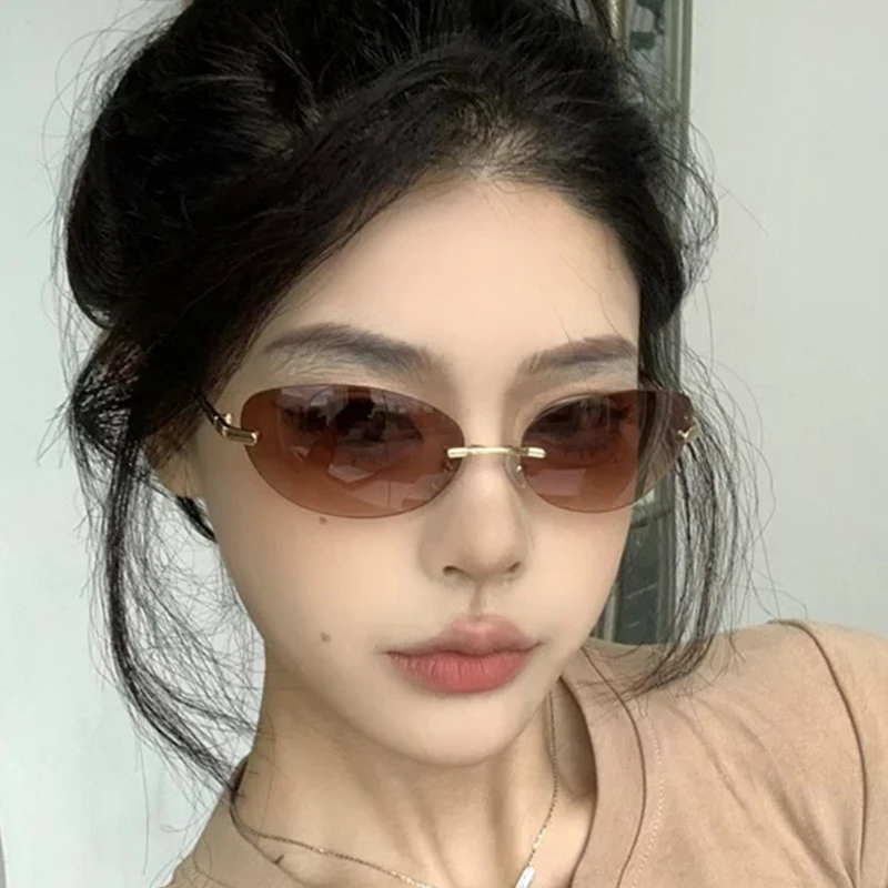 Fashion Luxury Small Frame Oval Rimless Cat Eye Sunglasses Vintage Y2K Sun Glasses UV400 Gradient Shades Eyewear for Women Men
