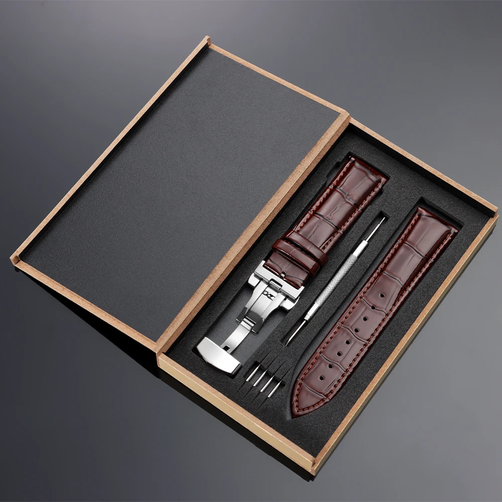 Luxurious Polished Genuine Leather Watch Band with Elegant Wooden Box and Butterfly Buckle - Available in Multiple Sizes