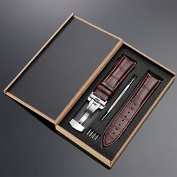 Luxurious Polished Genuine Leather Watch Band with Elegant Wooden Box and Butterfly Buckle - Available in Multiple Sizes - 22mm (Brown - with box)