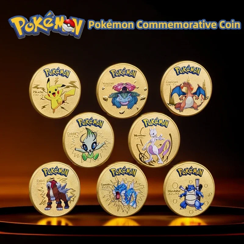 Gold Pokemon Coin Metal Set Mewtwo Charizard Pikachu Anime Card Scarlet Violet Medaglione Commemorativo Da Collezione Pokeball Gif