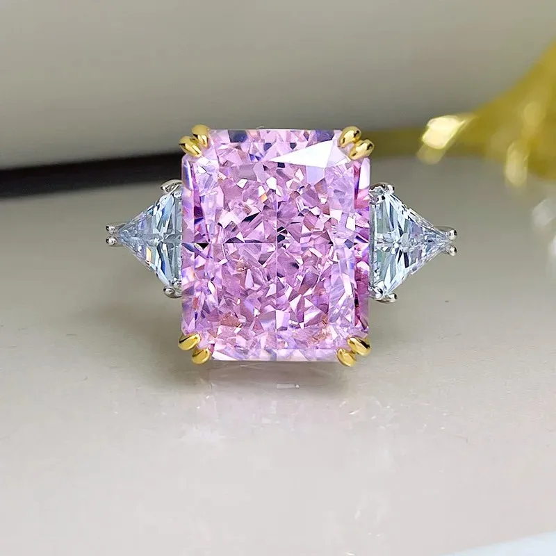 

16 Carat Super Flash Crushed Ice Cut Large Diamond Ring Women'S Cherry Blossom Pink 2022 New Fashion 925 Sterling Silver