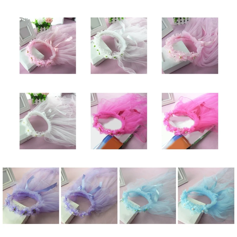 Bridal Veil Flower Girls Veil Headpieces with Pleated Flower Crown Wedding Ring Bearer Veil Long Tulle Bride Wedding Party Supplies
