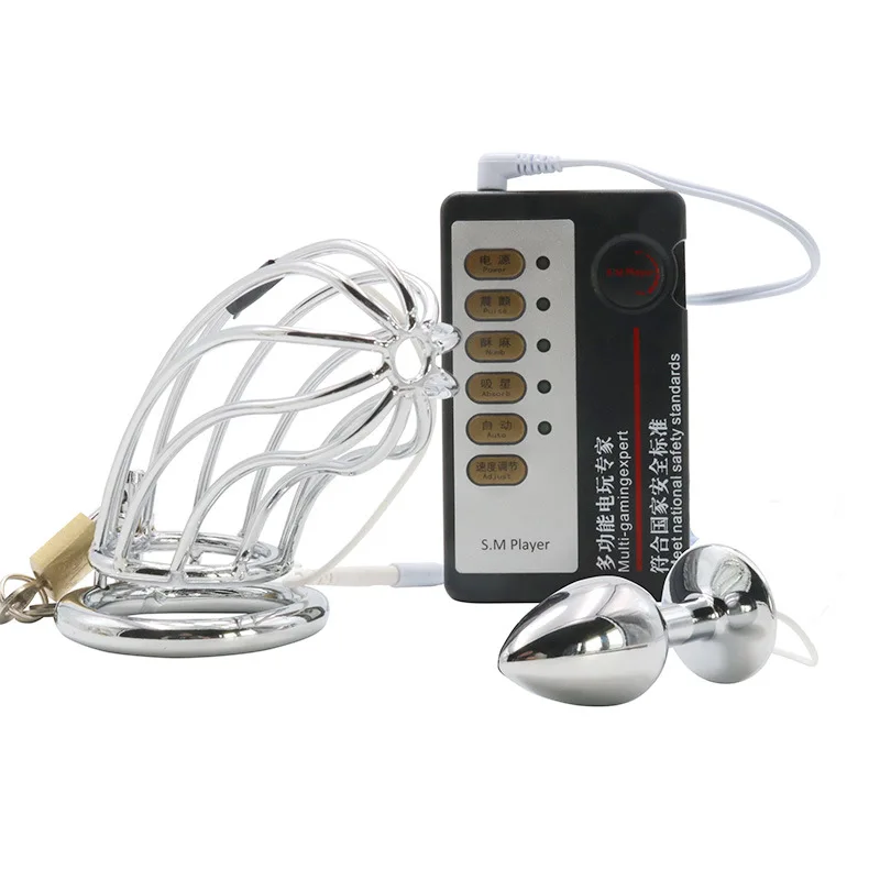 Metal Penis Lock Electric Shock Male Cock Cage Cock Ring Anal Butt Plug Bird Restraint Electro Stim SM Sex Toys For Men
