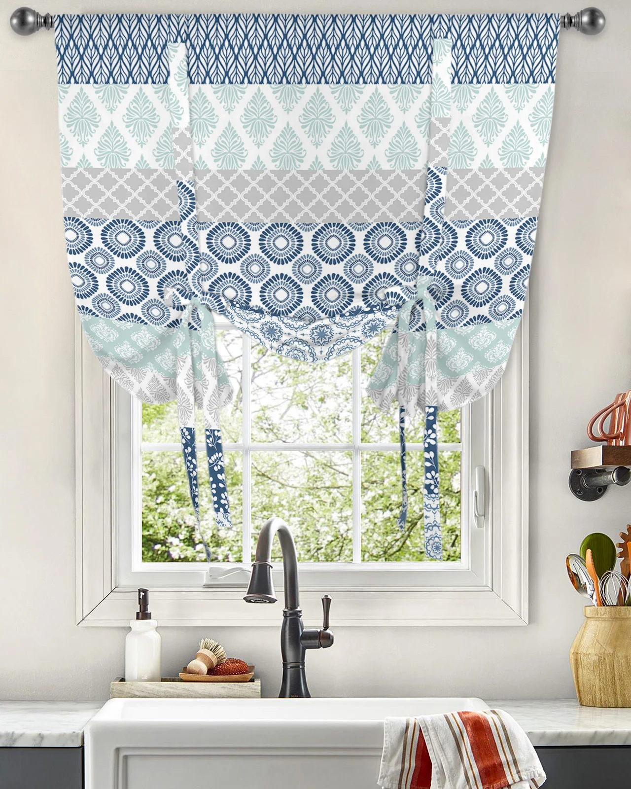 

Bohemian Geometric Stripes Window Curtain for Living Room Kitchen Tie-up Roman Curtain Home Decor Balcony Blinds Drapes