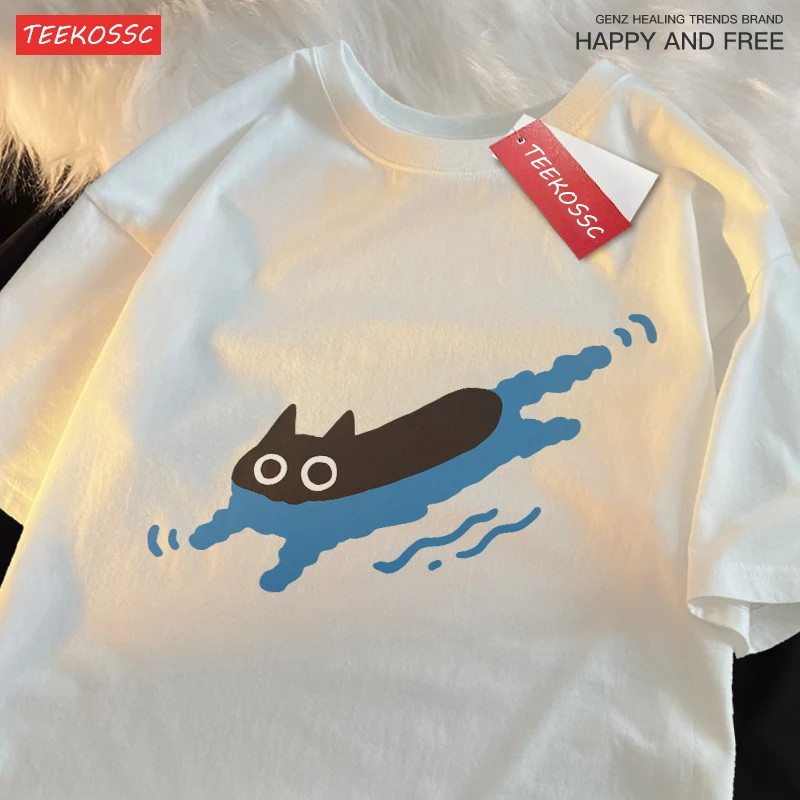 Couple Tees Swimming Black Cat Diving Shoulder Short Sleeved T-shirt For Men Women Breathable Casual Pure Cotton Loose Clothes