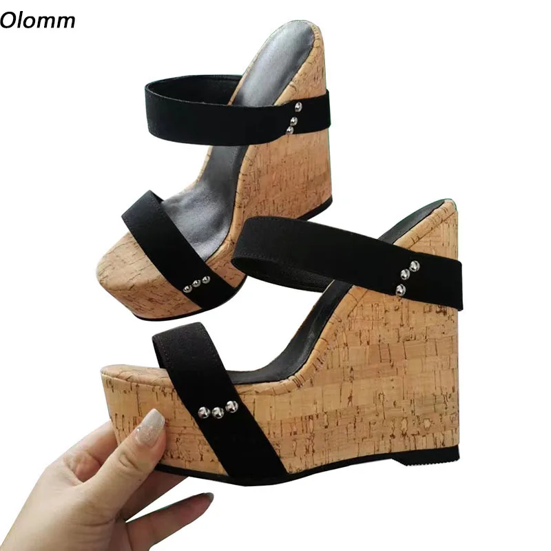 

Olomm Handmade Women Platform Mules Sandals Cork Wedges Heels Round Toe Elegant Black Cosplay Shoes US Plus Size 5-20