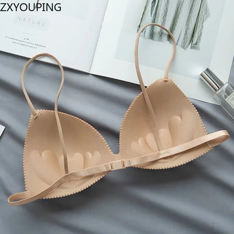 2PCS Women Wire Free Bra, Sexy Beautiful Back Bra, Seamless Thin Triangle Cup Small Breast Push Up Bra Set 5