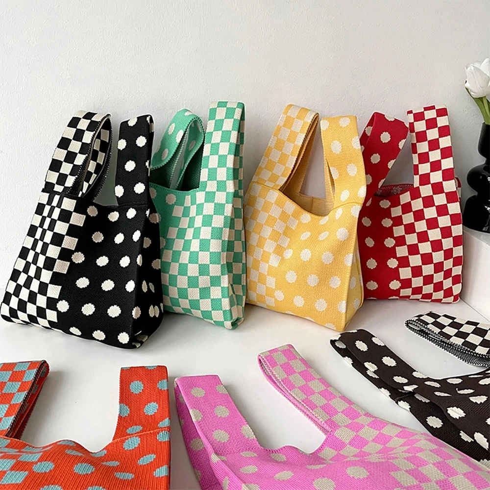 

Handmade Knit Handbag Women Mini Knot Wrist-bag Female Casual Color Wide Stripe Plaid Tote Bag Student Reusable Shopping Bag