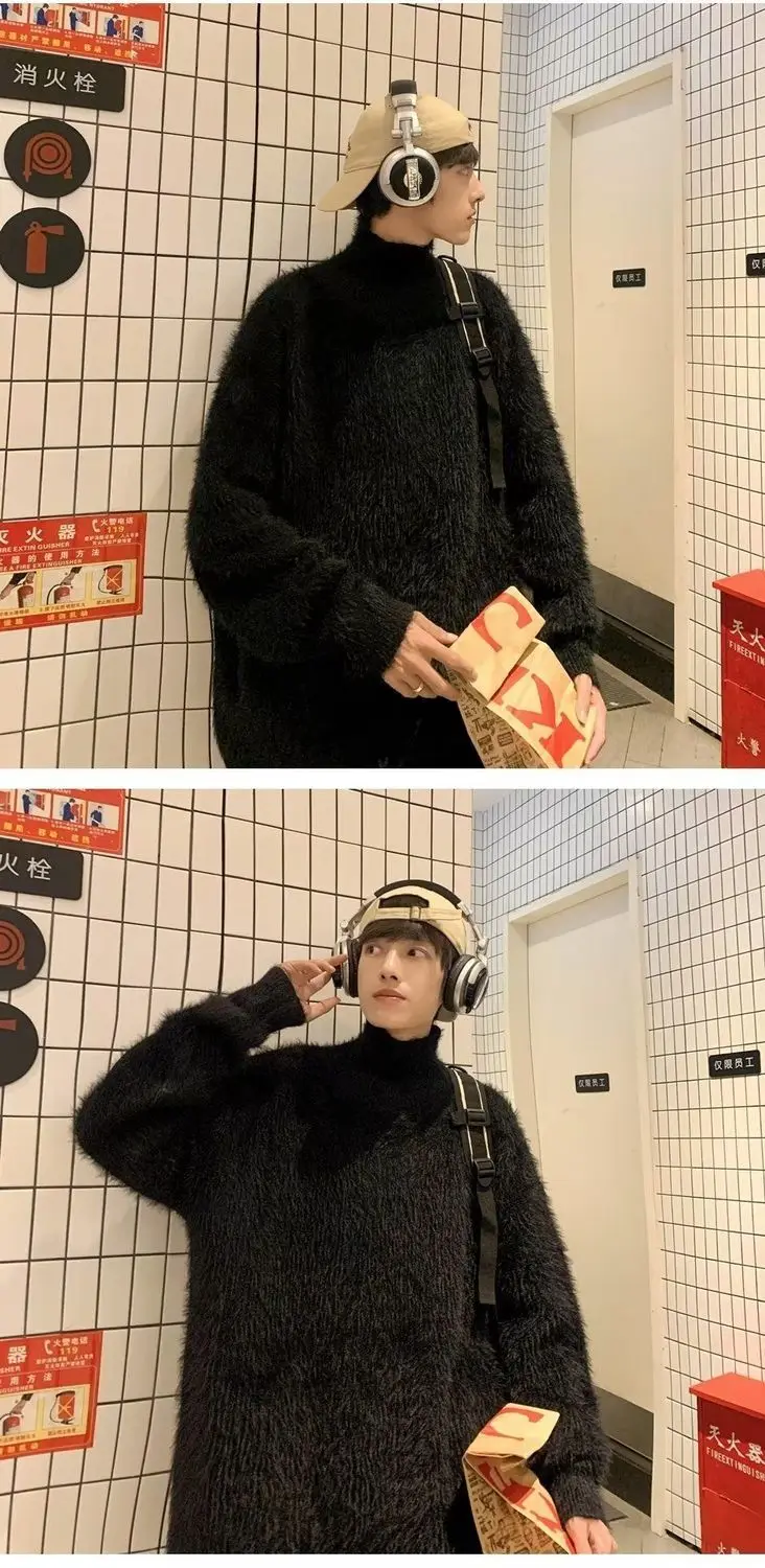 Inverno imitação mohair camisola de gola alta moda causal solto