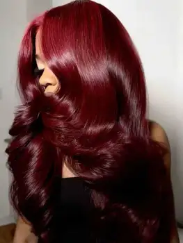 30 Inch Burgundy Body Wave Human Hair Wigs 13x4 HD Lace Frontal Wig Colored 99j Wet And Wavy Curly Lace Front Human Hair Wigs 1
