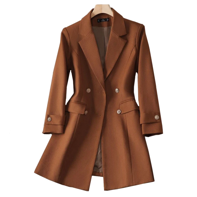 

Women's Solid Trench-Coat 2023 Autumn/Winter New Khaki Black Coffee Mid length Double breasted Office lady Suit jacket Blazer