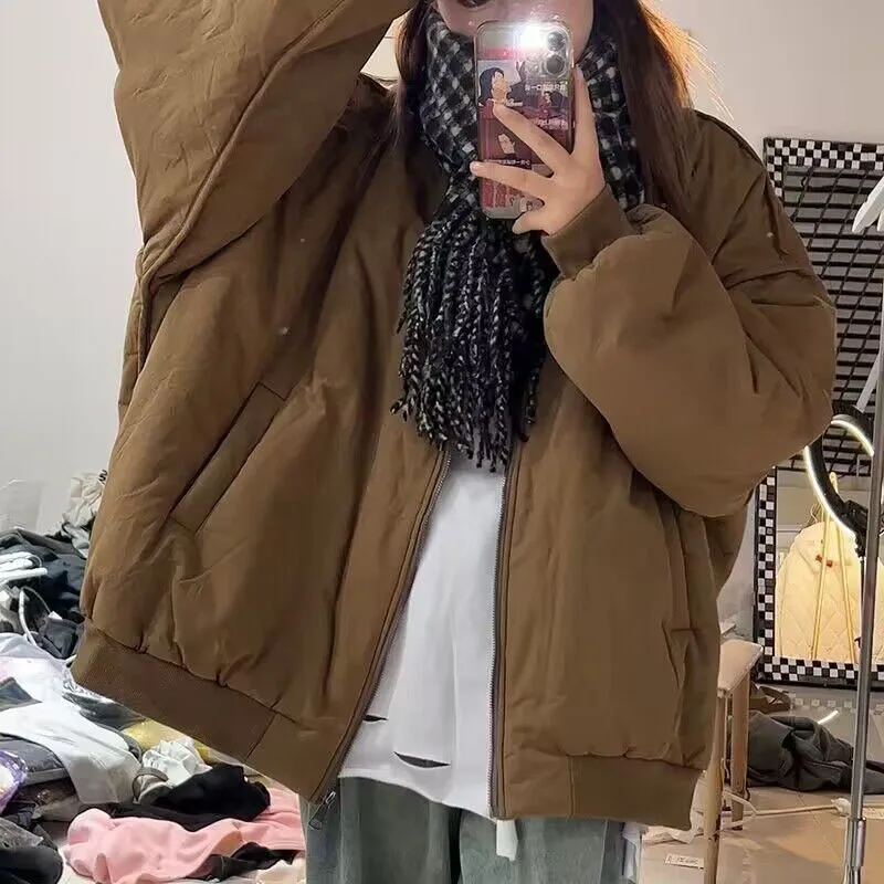 

Women Pocket Parkas Winter Solid Vintage Jackets Japanese Zippers Loose Coats New Fashion Casual Y2k Aesthetic Thicken Warm Tops