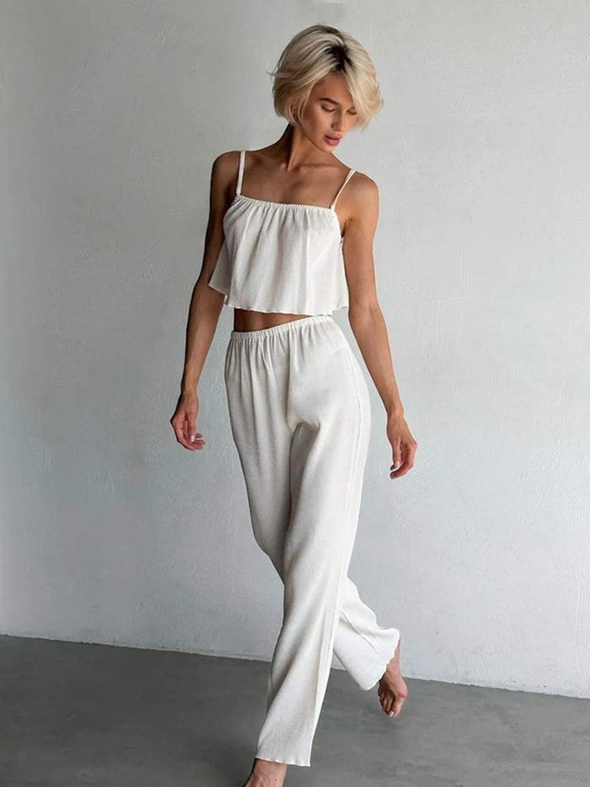 Marthaqiqi Home Clothes Women Spaghetti Strap Sleepwear Crop Top Pajamas Tank Tops Nightgowns Pants Casual Female Nightwear Suit