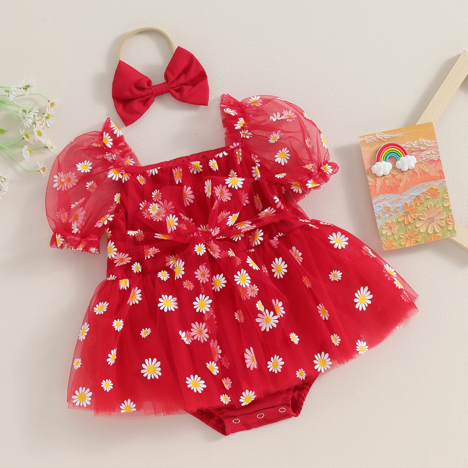 Pudcoco 소녀 2Pcs 여름 복장 짧은 퍼프 슬리브 데이지 인쇄 Romper Tulle DressHeadband Set 0-18M