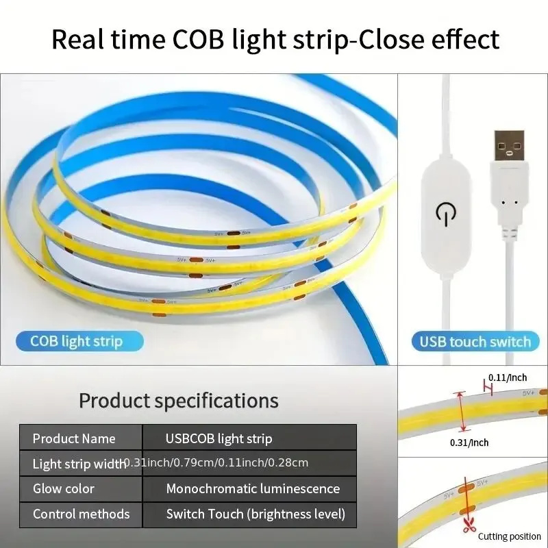 LED Strip Light 5V USB COB 320LEDs/M Waterproof for Kitchen Decor