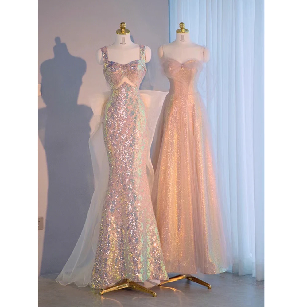 

New Luxury Mermaid Women Evening Dress Fashion Sequin Beaded High Quality Tulle Floor Mopping Wedding Dress Prom Formal Dress