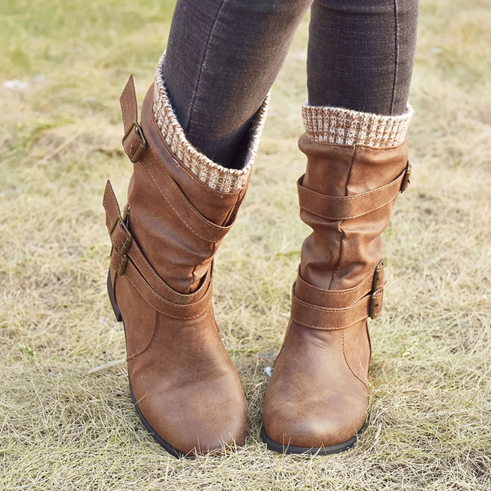 Womens Galoshes Mid Calf Womens Leather Round Toe Low Heeled Strap Western Middle Tube Knee High Rain Boots For Women Wide Calf