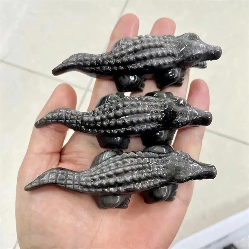 

9.5CM Natural Silver Obsidian Gemstone Figurines Crocodile Mini Animal And Healing Crystals Craft Carved Statue Decoration 1PCS