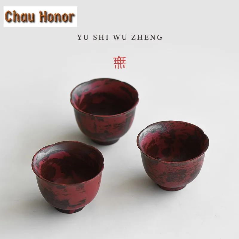 1/3pc Powder Yin Red Makeup Coarse Pottery Teacup Zen Tea Bowl Cups Tea-tasting Fragrance Cup Chazhan Master Cups Teaset 80ml