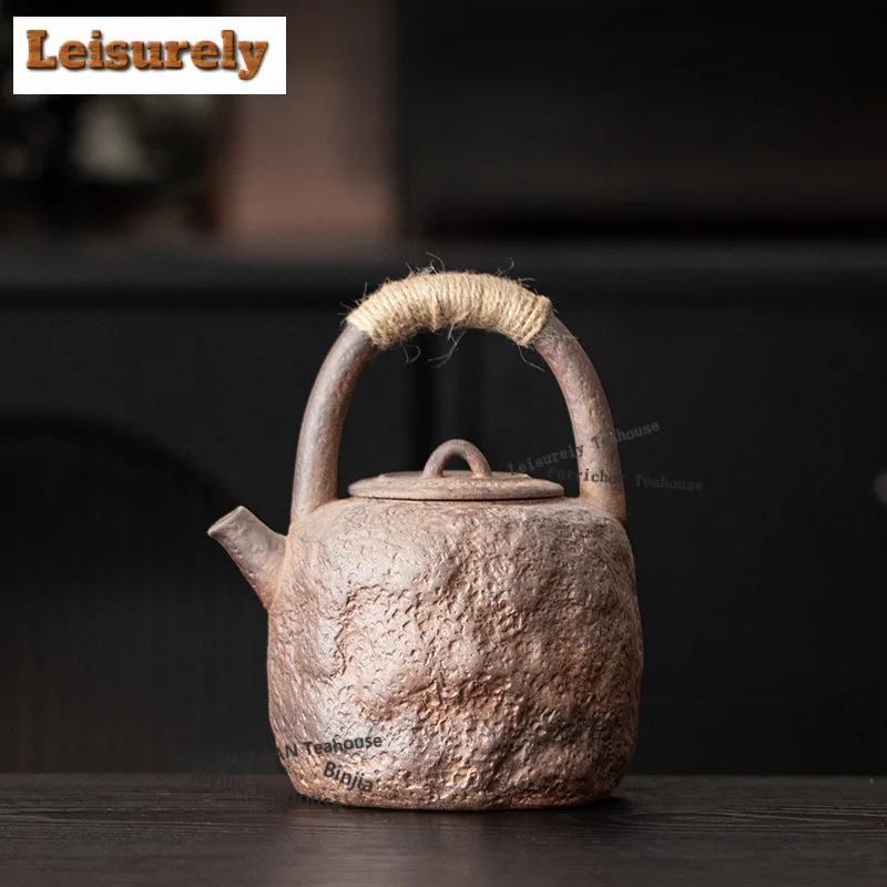 Coarse Pottery Old Rock Clay Lifting Handle Teapot Luxury Tea Infuser Pot Tea Brewing Kettle With Strainer Tea Items Ornaments
