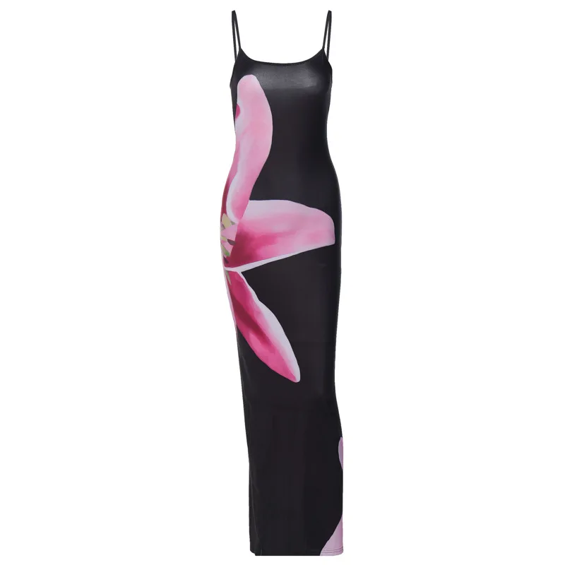 

Long Dresses for Women Summer Printed Flower Sexy Halter-Back Slit Sling Dress Slim Female Clothing for Daily Wear,Party