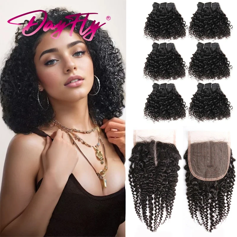Mongolian Jerry Curly Bundles with Closure Short Human Hair Kinky Curly Bundles with 4x1 Closure 6+1/lot Remy Hair Extensions