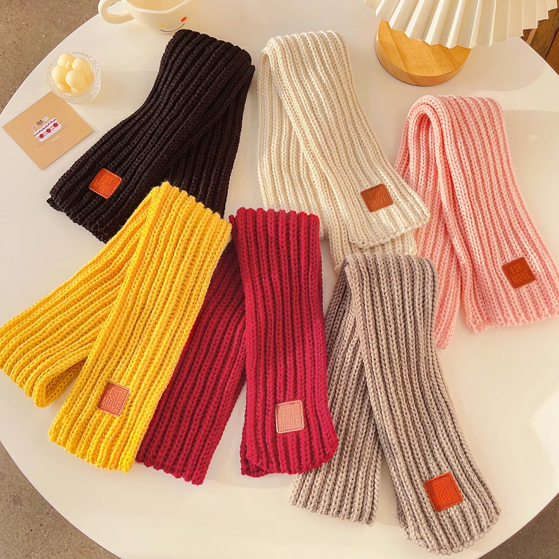 New Winter Children Colors Soft Knitting Wool Thermal Scarf Boys Girls Lovely Outdoor Warmer Scarf Kids Solid Labelled