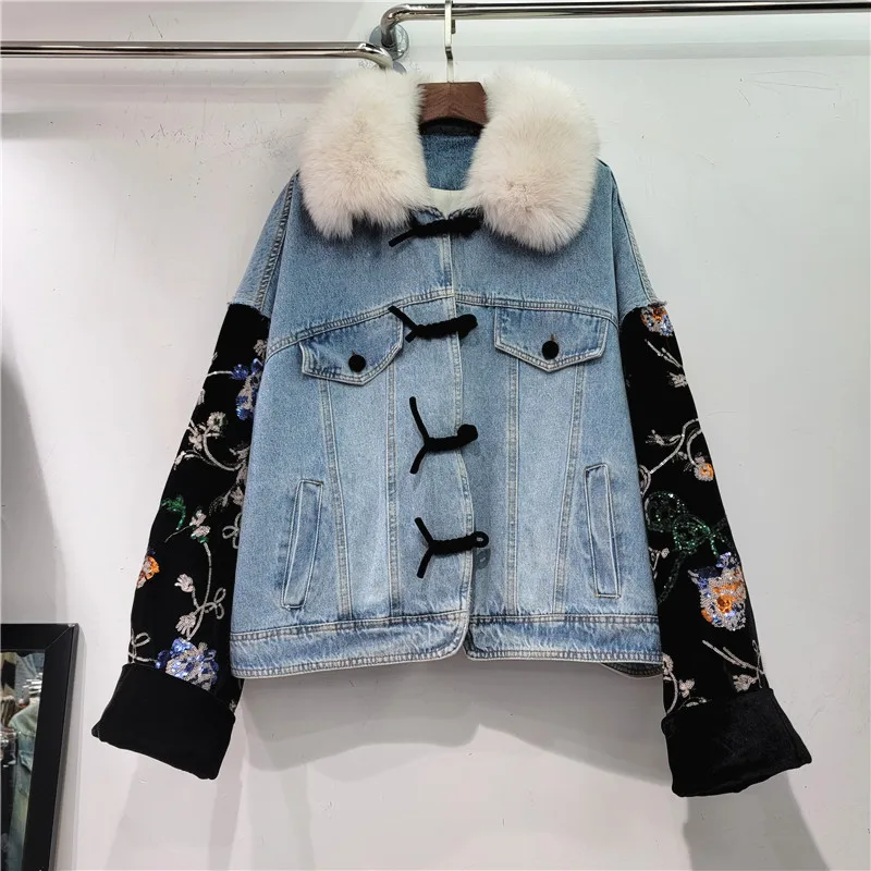 

Sequin Velvet Sleeve Splicing Warm Down Cotton Winter Women Denim Jacket Faux Fur Collar Casual Lapel Long Sleeve Jeans Jacket