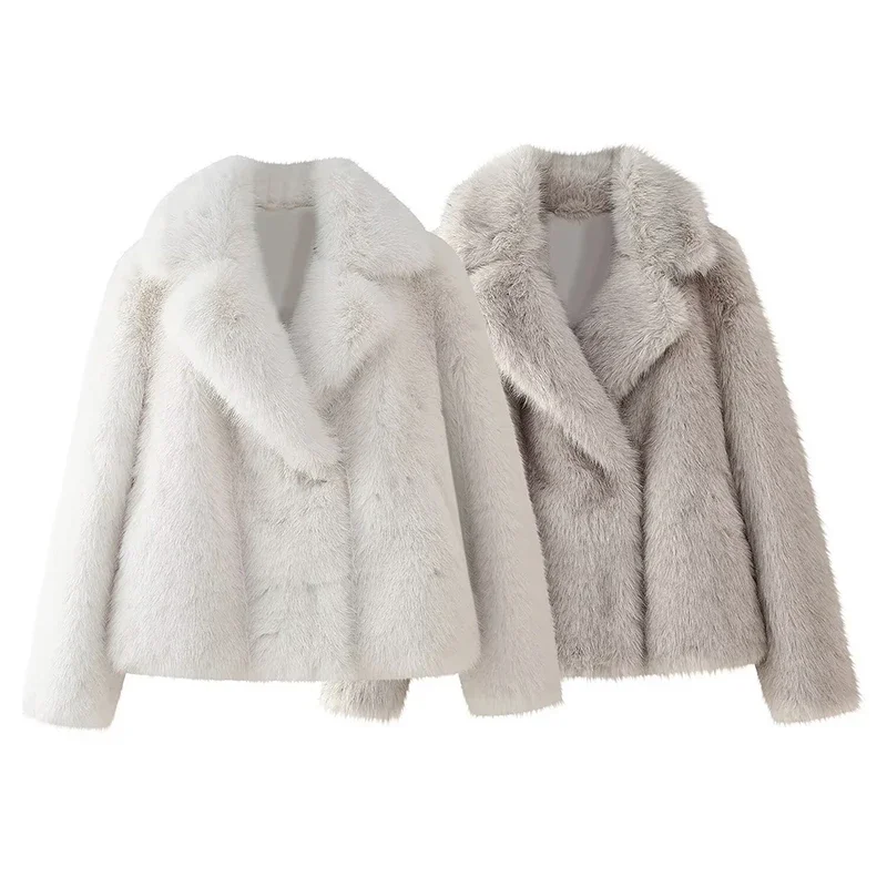 Fluffy Faux Fur Coat Women Elegant Loose Lapel Plush Long Sleeve Buckle Thick Jacket Autumn Winter Solid Warm Overcoat New