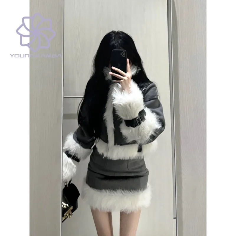 

Женские корейские модные элегантные костюмы, Осень-зима 2023, куртка на молнии и трапециевидная мини-юбка, комплекты из 2 предметов