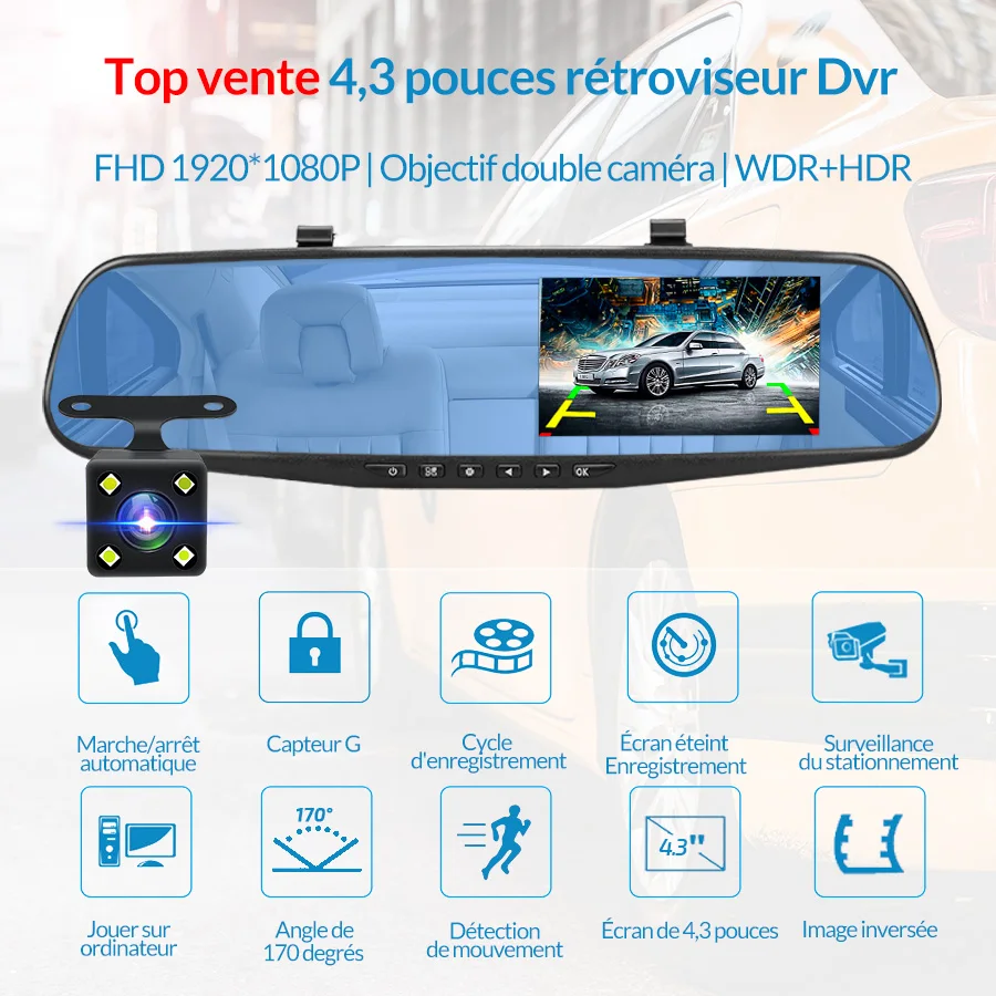 Acheter Podofo 4.3 pouces double lentille voiture DVR rétroviseur FHD 1080P  DVRs enregistreur rétroviseur voiture caméra Vision nocturne Dashcam  caméscope