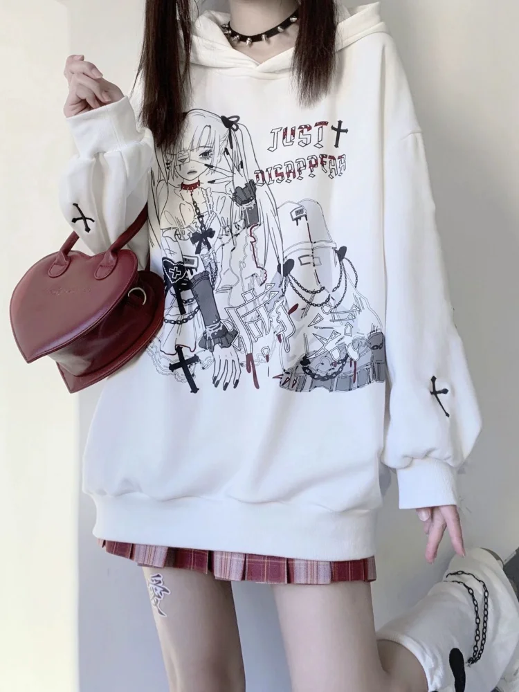QWEEK Gothic Harajuku Anime Hoodies Women Goth Japanese