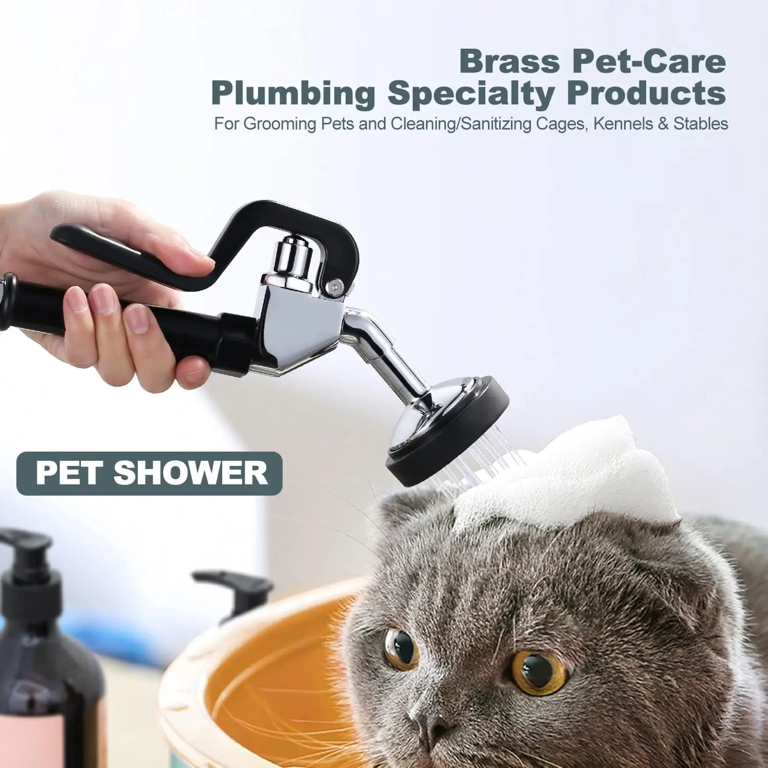Wall-Mounted 8-Inch Centered Pet Grooming Mixer Faucet with Brass Construction, Aluminum Spray Nozzle, and Coiled Hose