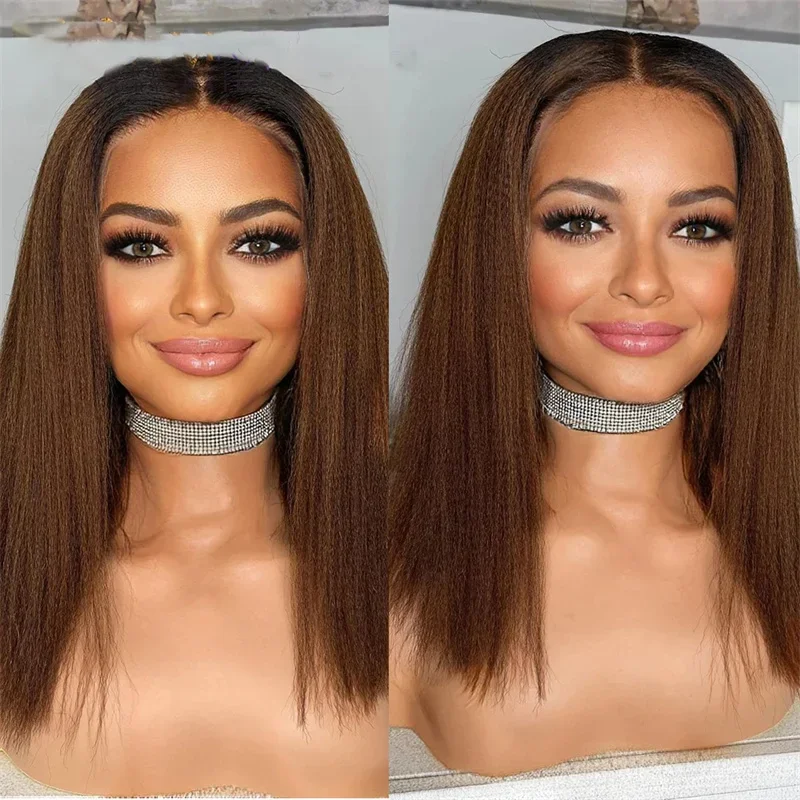 

Brown Blonde Long Yaki Kinky Straight Soft 30 '' 180 Density Lace Front Wig Preplucked Glueless For Women With BabyHair Daily