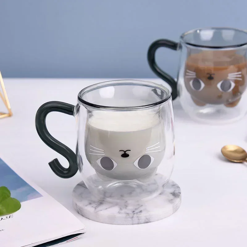 Home 250ml Creative Cartoon Cat Double Wall Glass Cup with Handle Cute Coffee Cup Heat-resistant Mug Office Kitchen Drink Ware