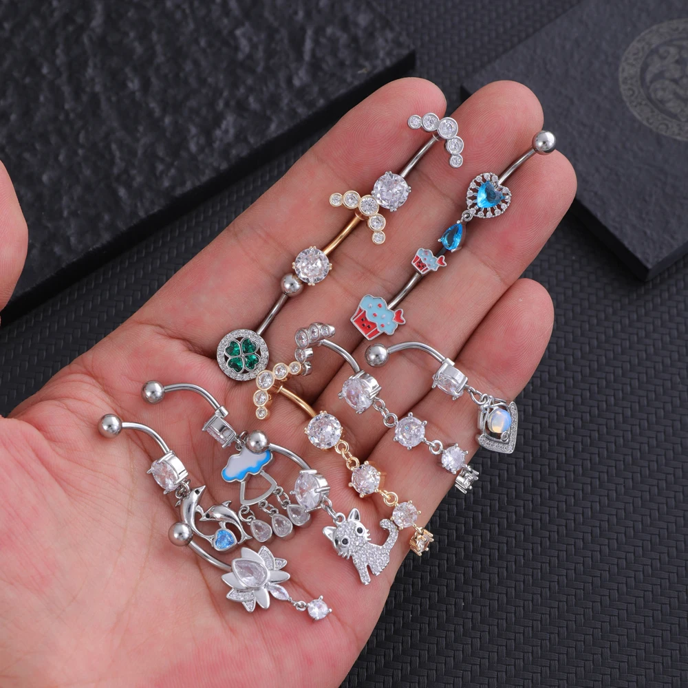 Piercing Per Ombelico In Acciaio Chirurgico - 14G 8mm, Cuore Con CZ, Oro E Argento