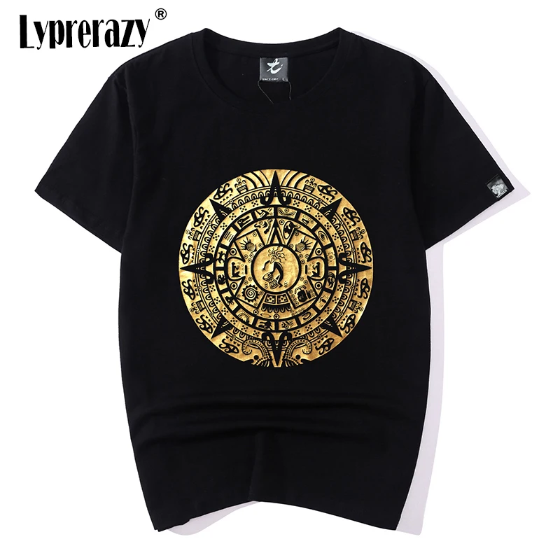 

Lyprerazy Summer Short-sleeved Men's T-shirt Ethnic Style Bronzing Printed Egypt Sanskrit Floral Tide Brand Shirts