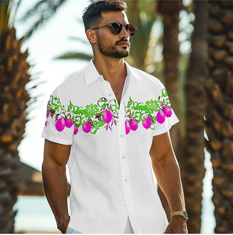 

Men's stylish printed color block short sleeve button down shirt for everyday summer, perfect for summer beach vacations, Hawaii