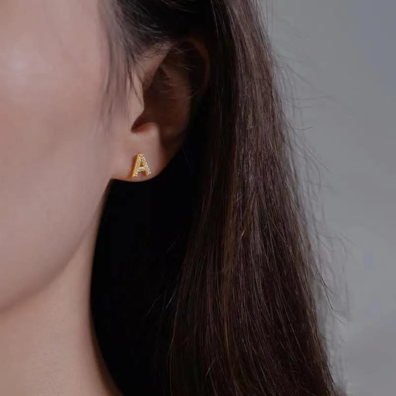 MHS.SUN Wholesale Zircon Initial Letters A-Z Stud Earrings For Women Girls Gold/Silver Color Cute Small Mini Alphabet Earrings 3