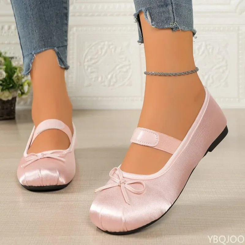Women's Mary Jane Shoes Ballet Flats Female Bow Silk Satin shoes Round Toe Flat Women Plus Size Shallow mouth shoes 2026