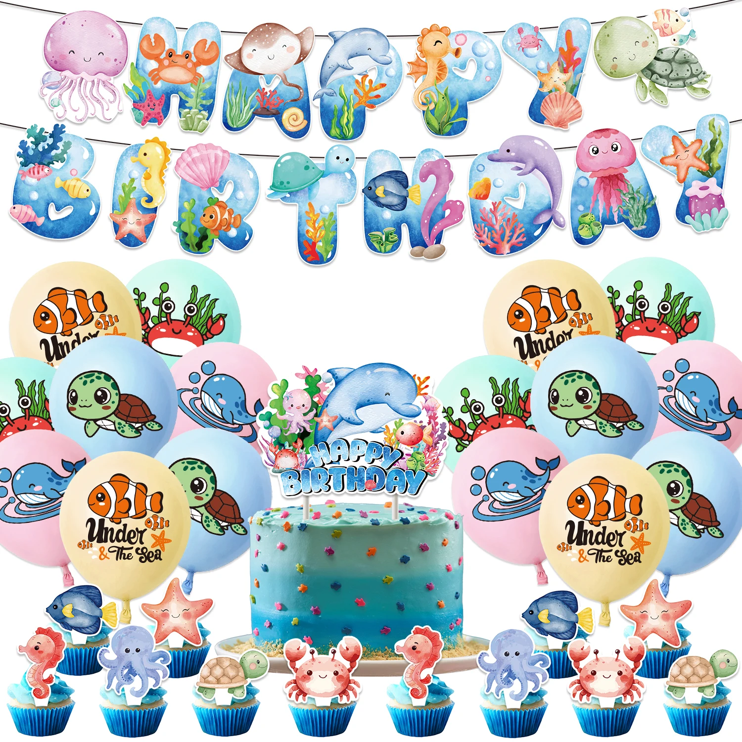 Unterwasserwelt Kindergeburtstag Party Dekorationen Cartoon Ozean Kreaturen Hintergrund Schildkröten Delphin Ballon Babyparty Zubehör – Detail 12