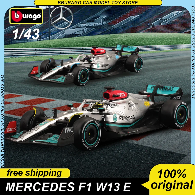 

Модель автомобиля Mercedes Benz W13 E F1 Bburago 2022 1:43, модель под давлением, Модель гоночного автомобиля с твердым переплетением, роскошный автомобиль из сплава, подарок, игрушка