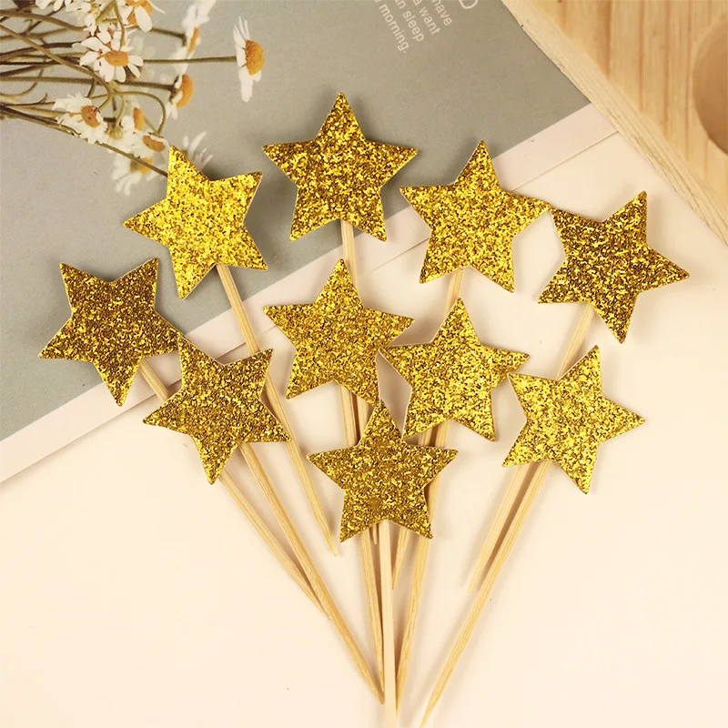 

10pcs Cake Decoration Pentagram Plug-in gold Paper Five Corner Dessert Table Decoration Card Cake Decoration Card