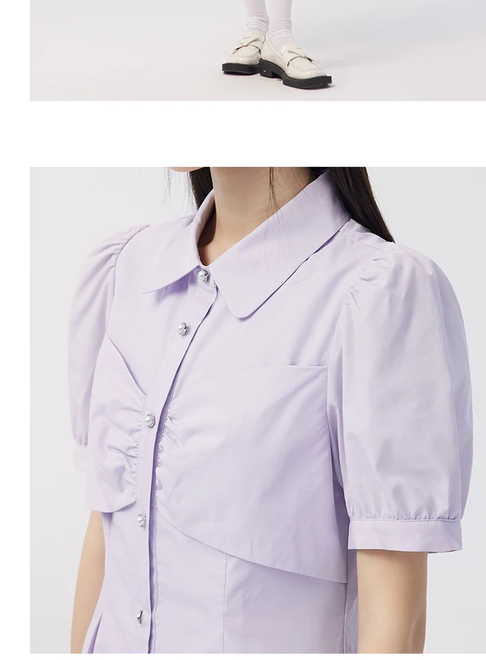 Dress Women Puff Sleeves Sweet Gentle Summer New Temperament Solid Color Exquisite Shirt Dress