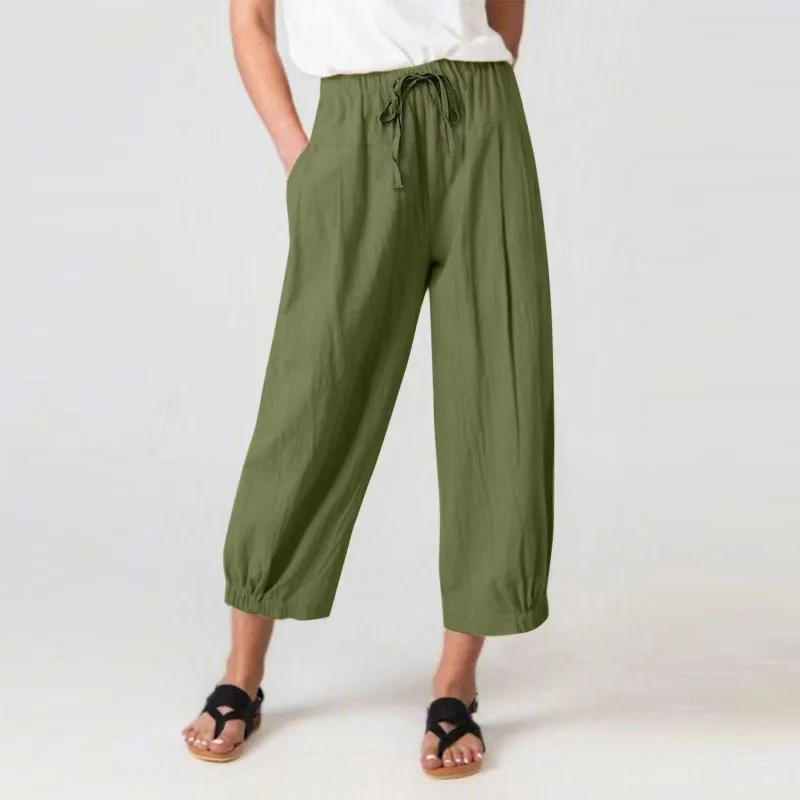 Spring/autumn Women's Elastic High Waist Solid Bandage Pocket Drawstring Wide Leg Trousers Elegant Fashion Casual Loose Pants