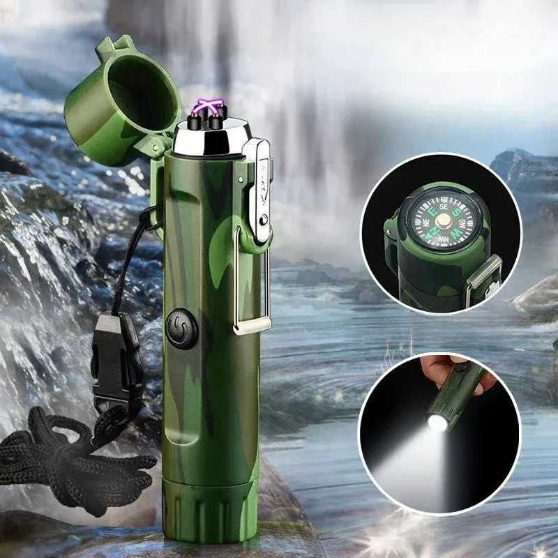 

Waterproof Dual Electric Arc Lighter Outdoor Camping Windproof Multifunctional Lighter Compass Flashlight Survival Ignition Tool