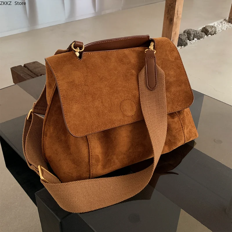 

Vintage Wide Strap Crossbody Bag Nubuck PU Leather Flap Shoulder Bags For Women Large Capacity Women Designer Handbags Tote Bag